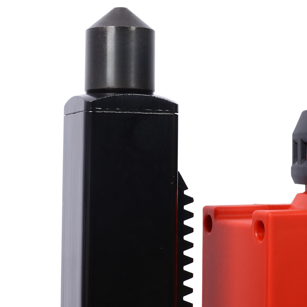 Black steel post with conical metal cap and serrated edge detail