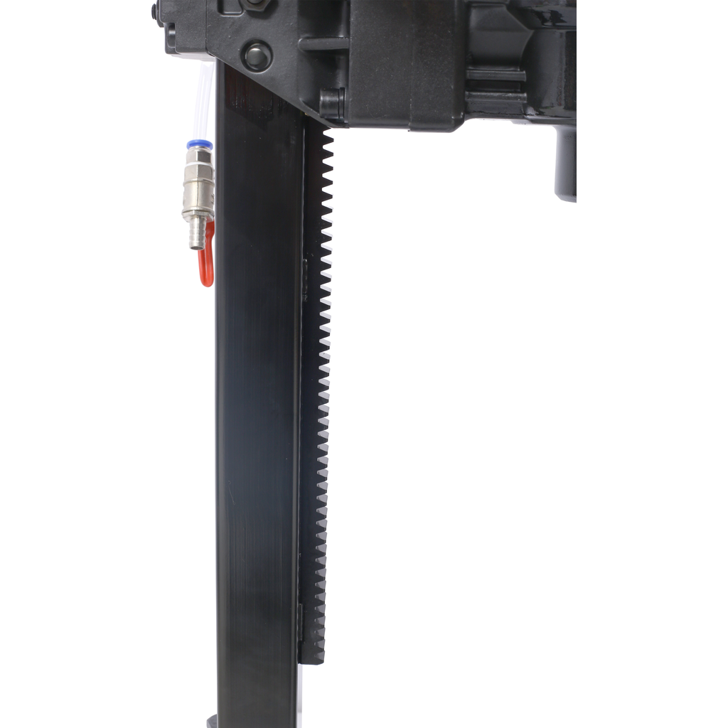 Black pneumatic nail gun with metallic fitting and clear tubing for construction projects