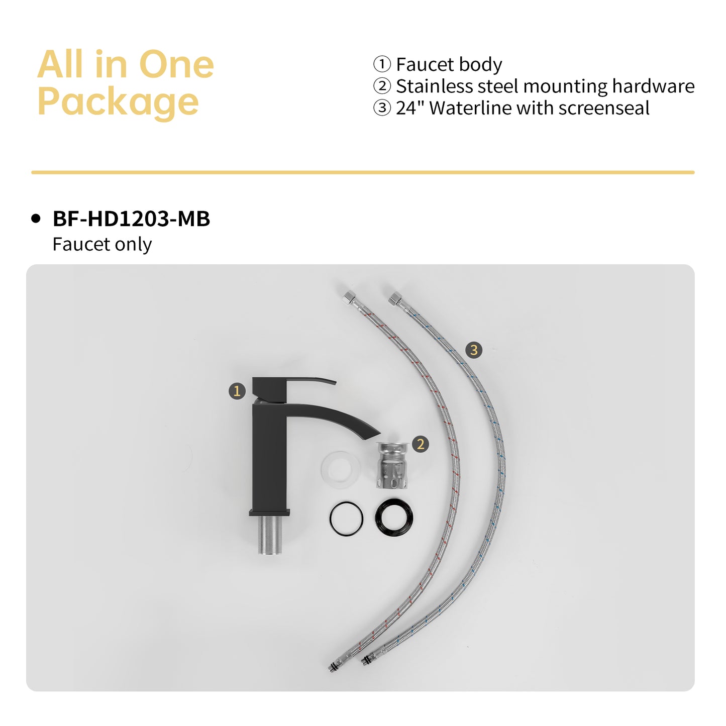 Matte black modern bathroom faucet with waterfall spout and included installation hardware