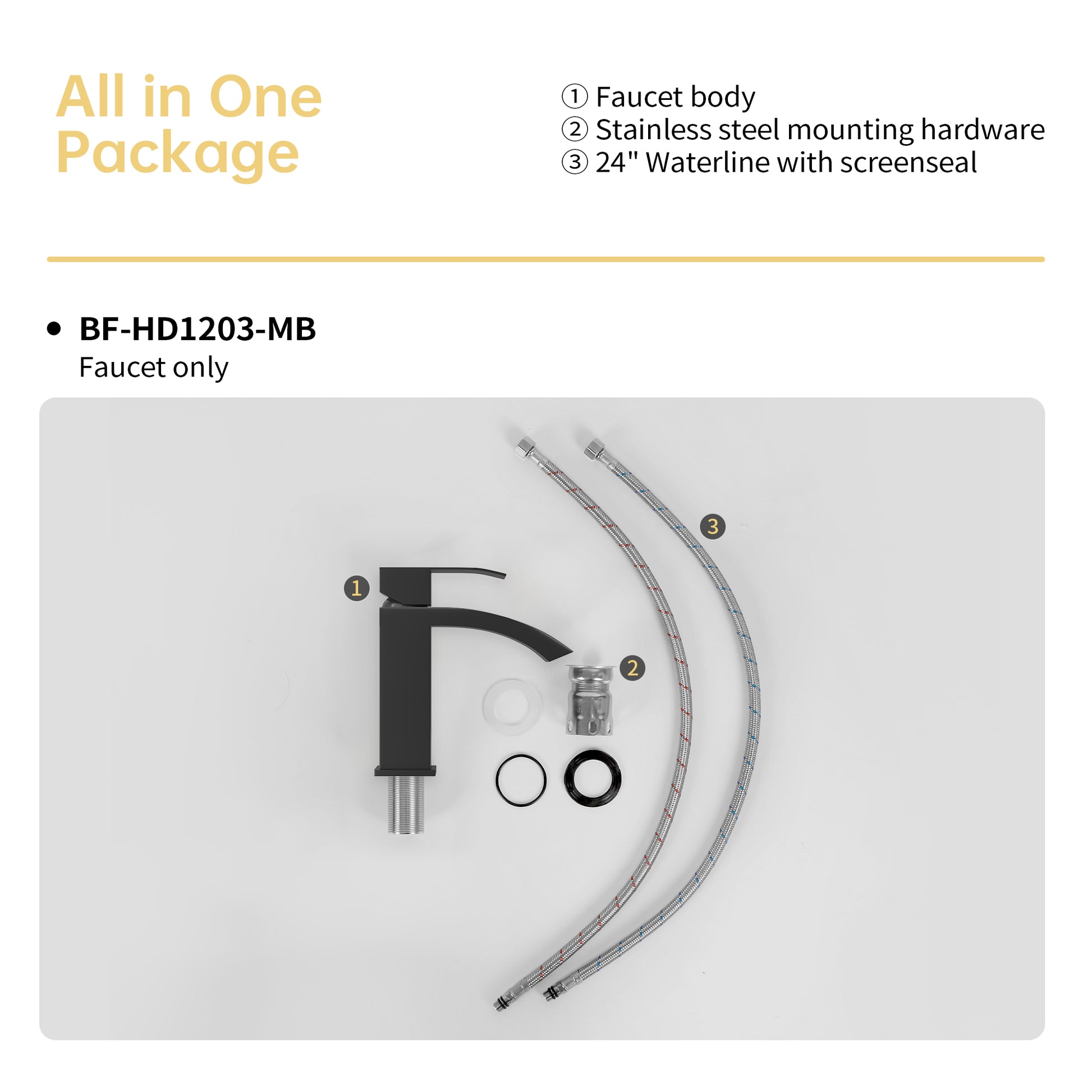 Matte black modern bathroom faucet with waterfall spout and included installation hardware