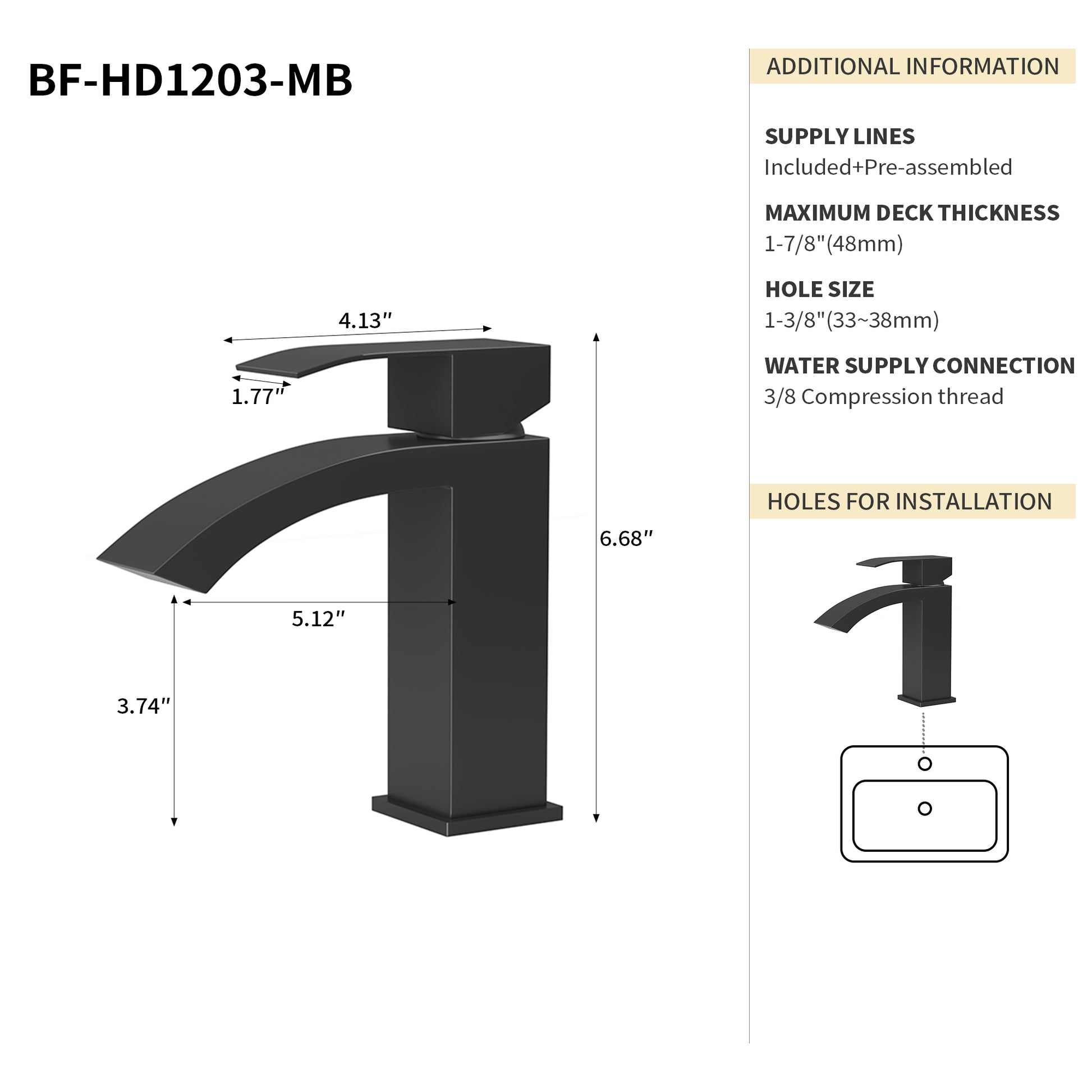 Matte black modern waterfall bathroom faucet with squared base and handle