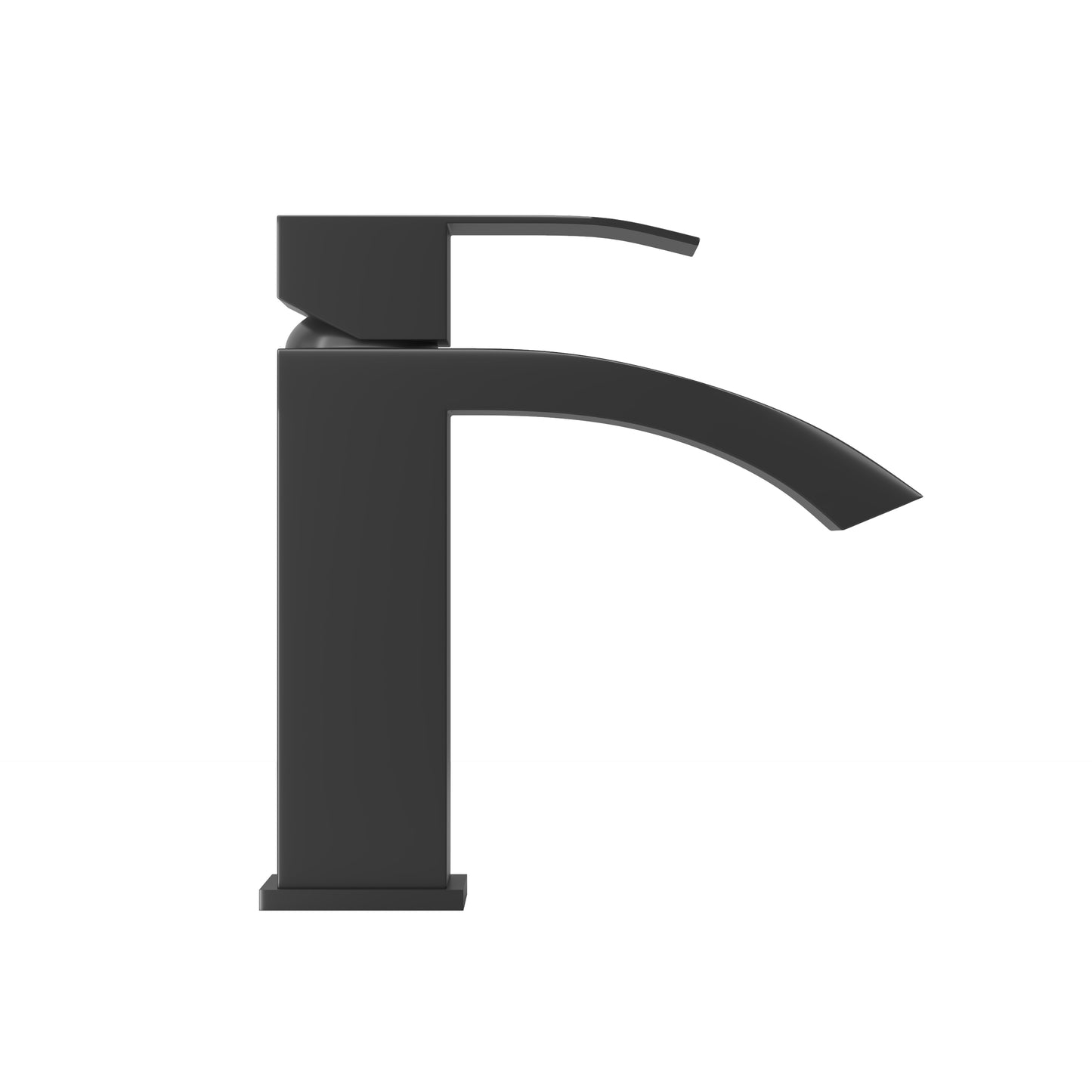 Matte black waterfall faucet with a sleek modern design and curved spout