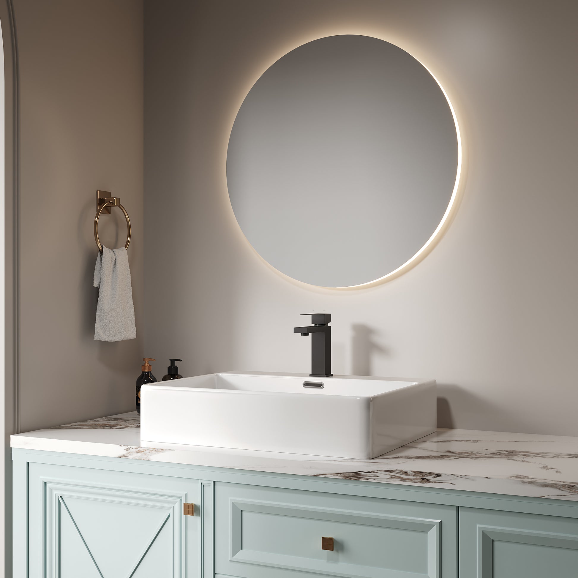 Square white ceramic vessel sink with modern black faucet on marble countertop