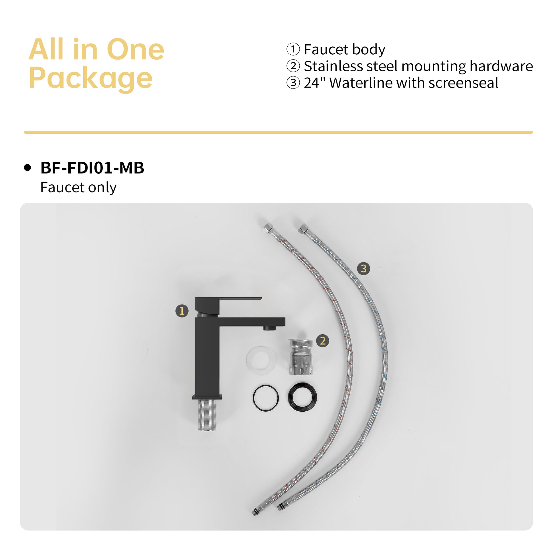 Modern black singlehandle faucet with stainless steel mounting hardware and waterlines