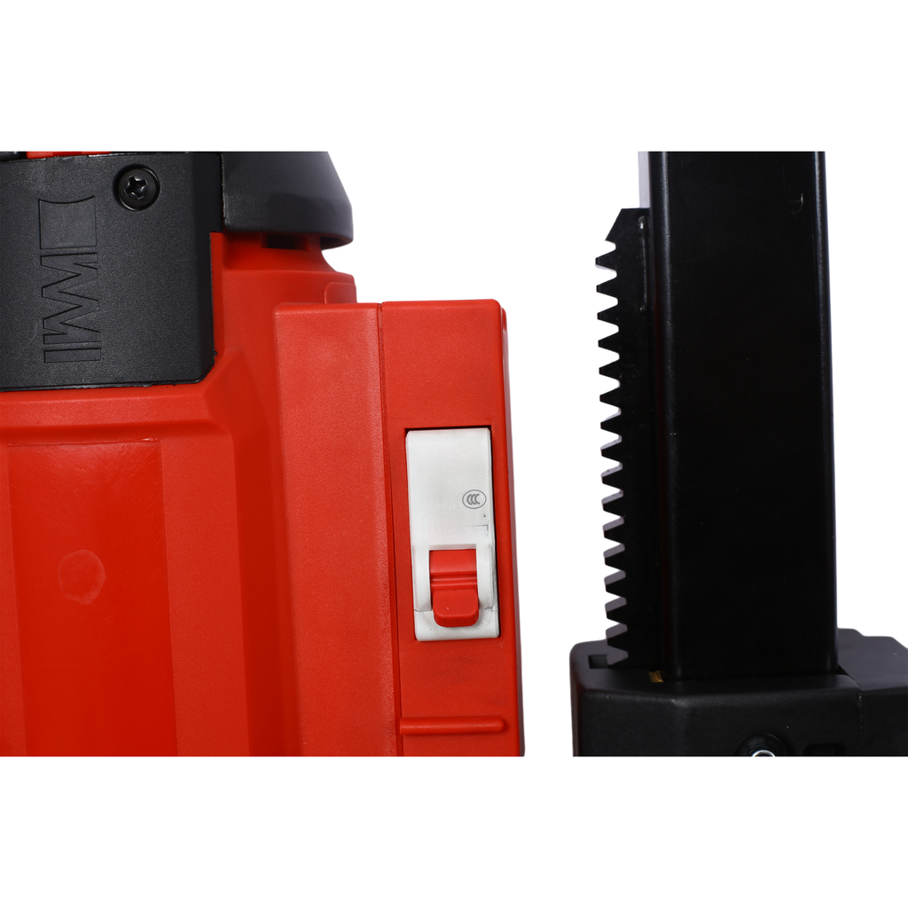 Red power tool body with a black switch and accessory slot
