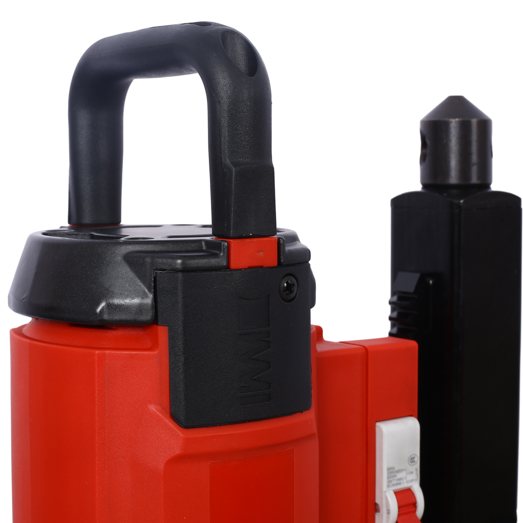 Red and black handheld power drill with adjustable grip