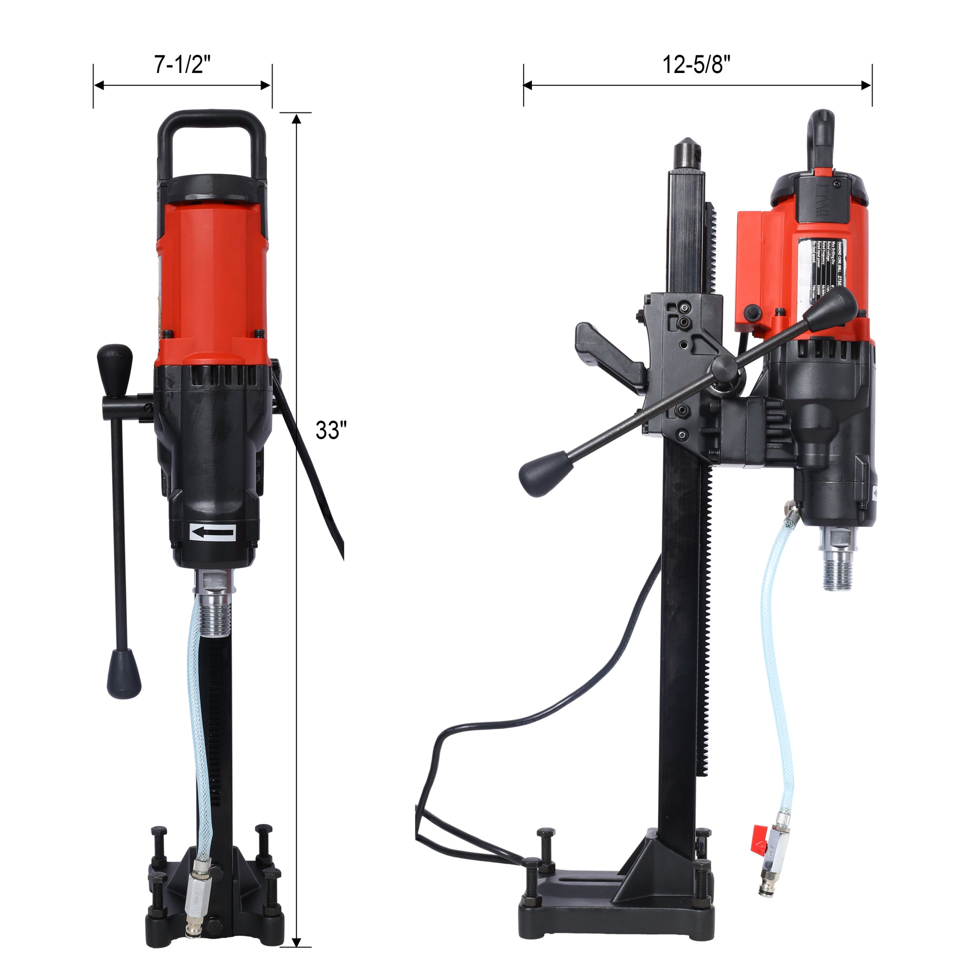 Red and black electric core drill machine with stand for construction