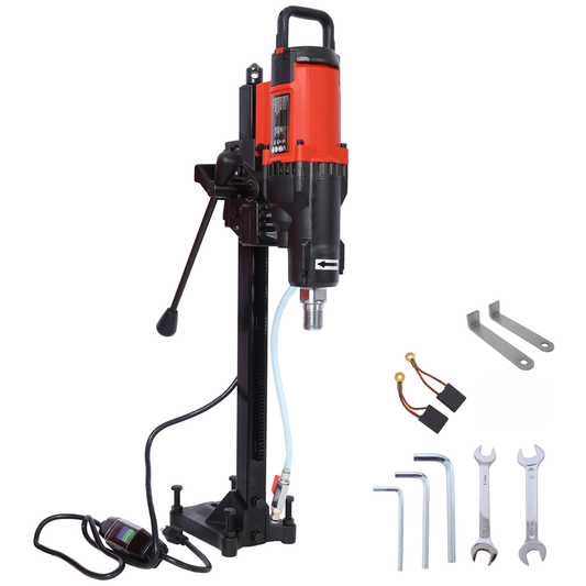 Orange and black electric core drill with metal stand and accessories