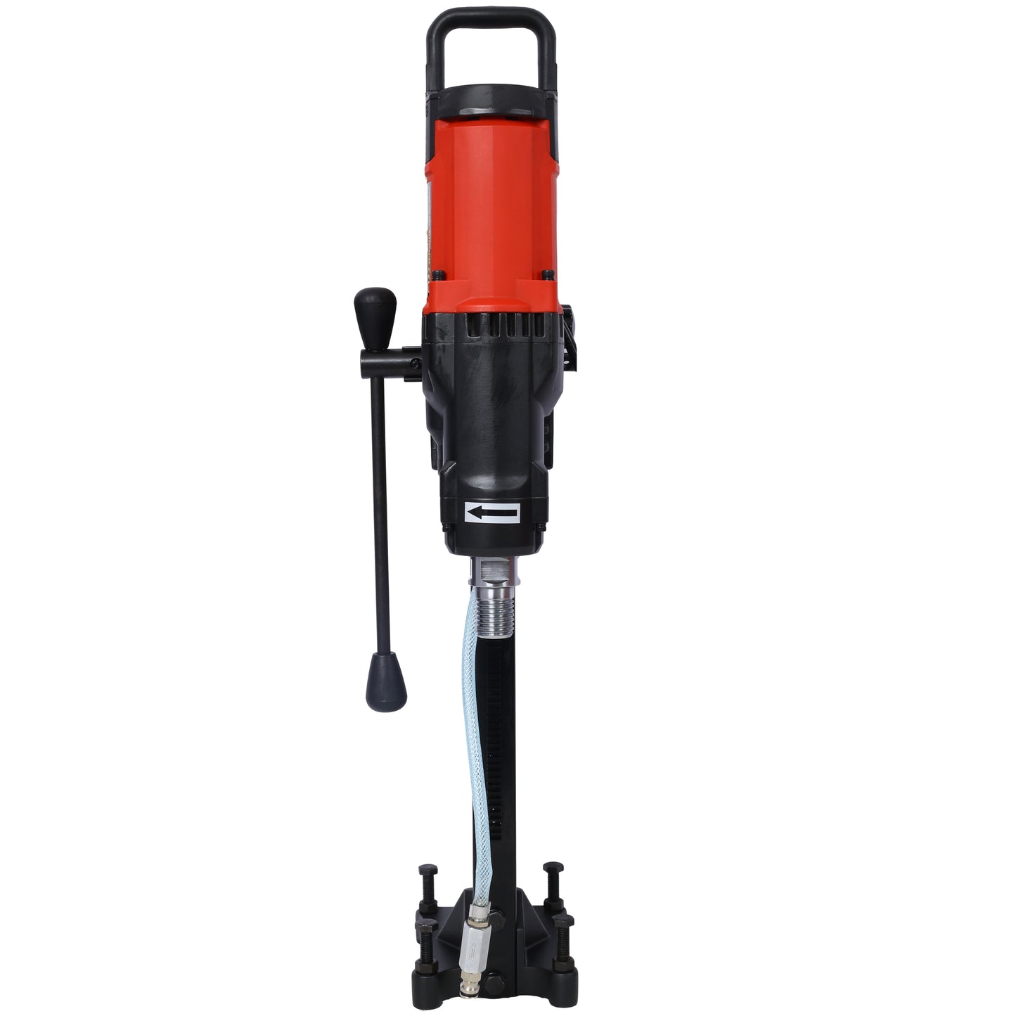Red and black portable core drill with water hose attachment for construction