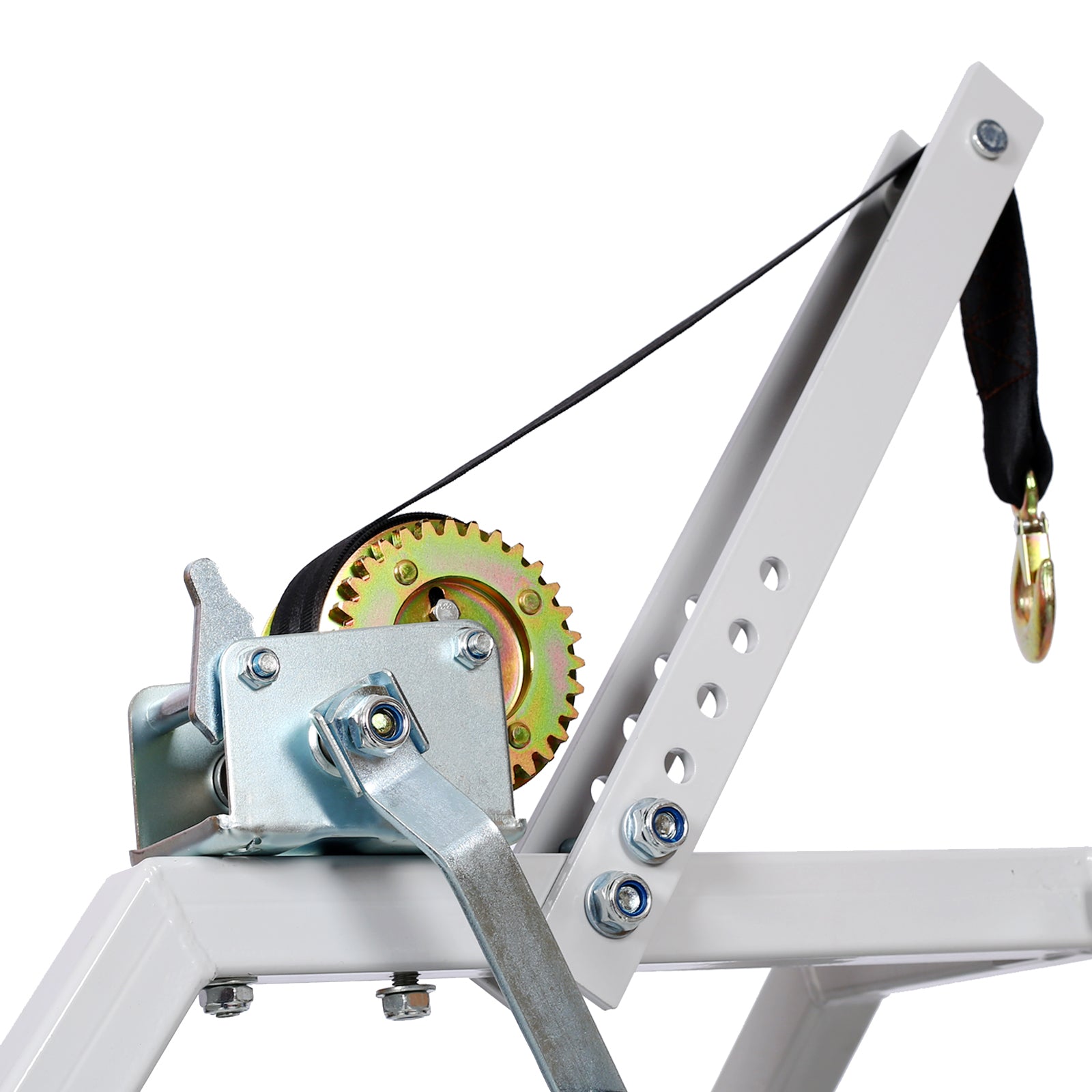 Closeup of a heavyduty manual boat winch with a steel frame black strap and hook