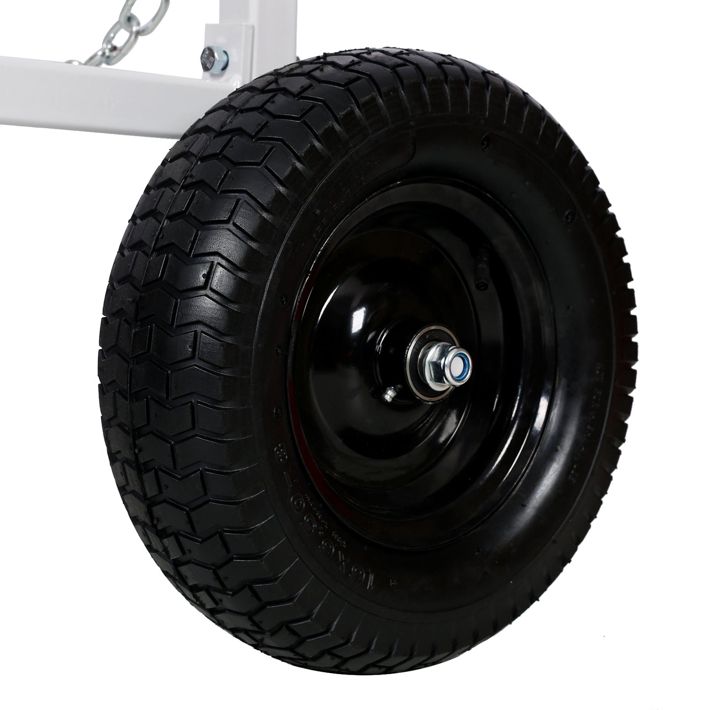 Black pneumatic wheel with heavyduty tread pattern for outdoor equipment
