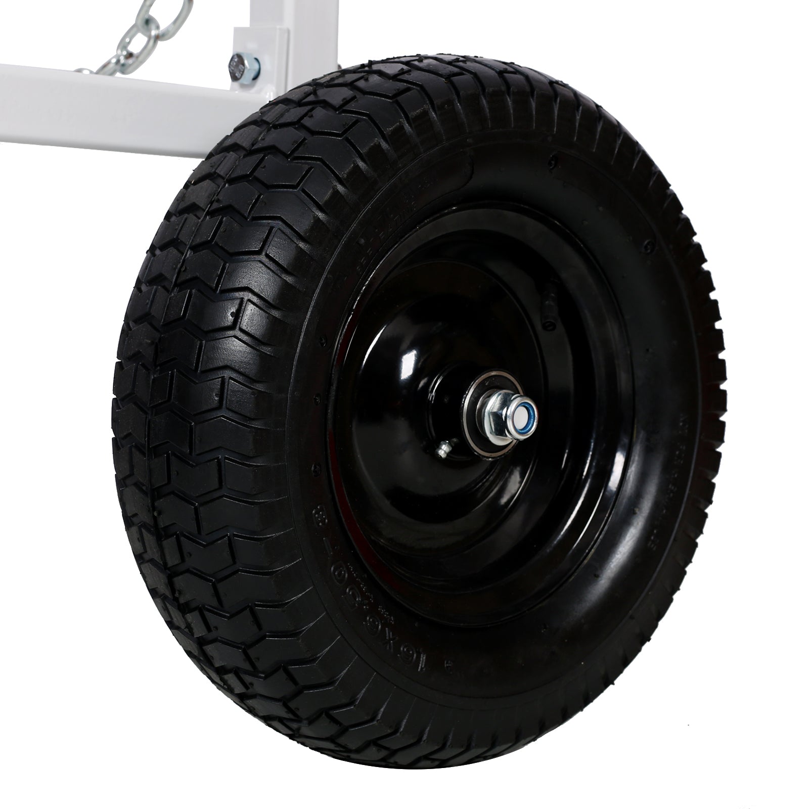Black pneumatic wheel with heavyduty tread pattern for outdoor equipment