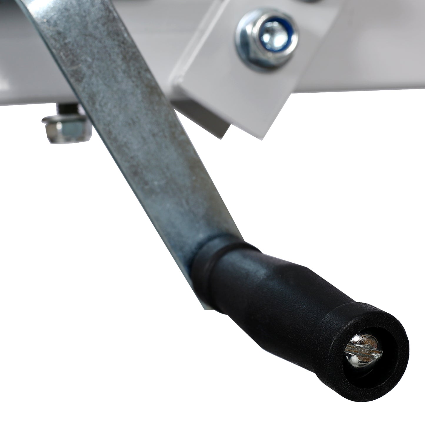 Closeup of a steel crank handle with a black rubber grip secured by a bolt