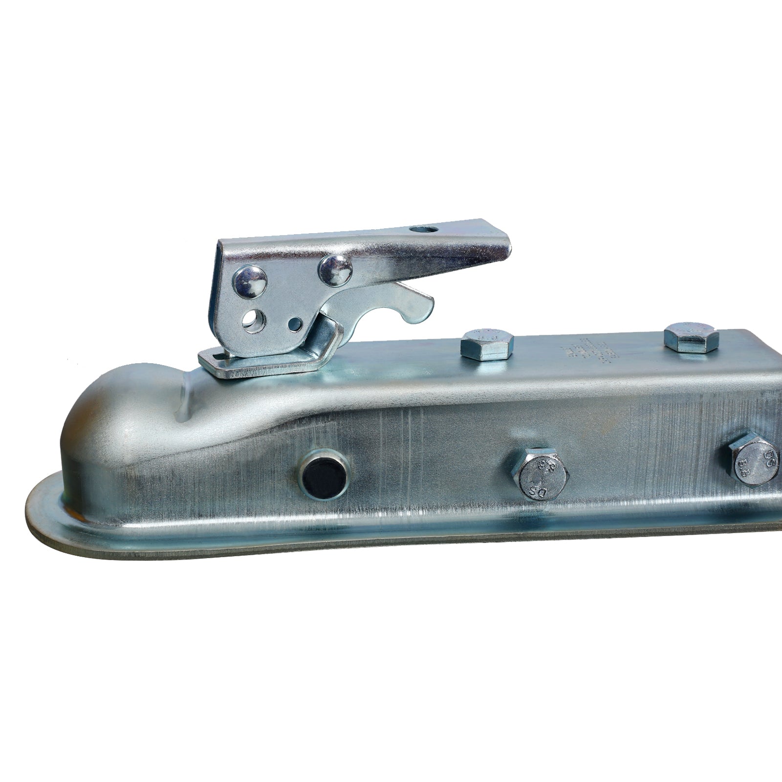 Galvanized steel trailer coupler with lock lever and bolts for secure towing