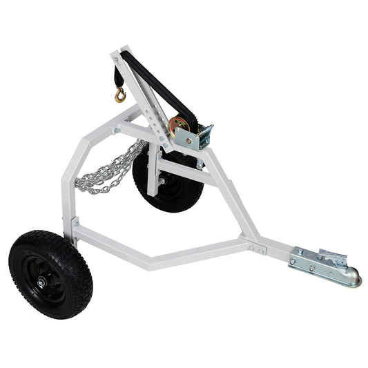 White boat trailer jack stand with winch strap and two solid rubber tires
