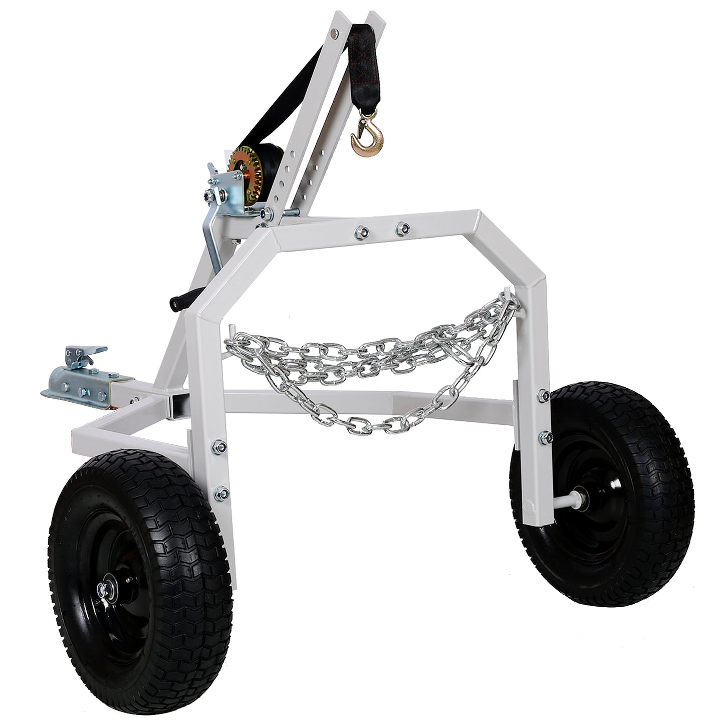 White steel boat trailer jack with winch and safety chains essential for boat launching