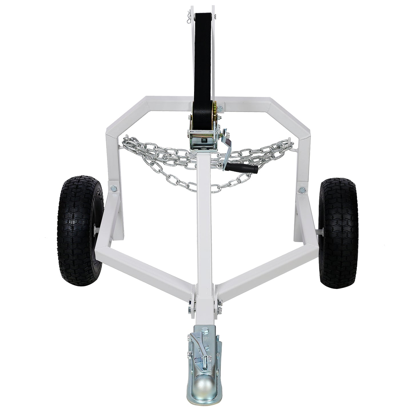 White steel boat trailer jack with two wheels winch and safety chains for easy boat loading