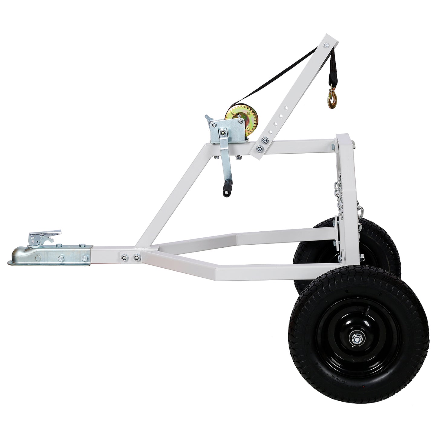 White boat trailer dolly with integrated hand winch and black wheels perfect for launching