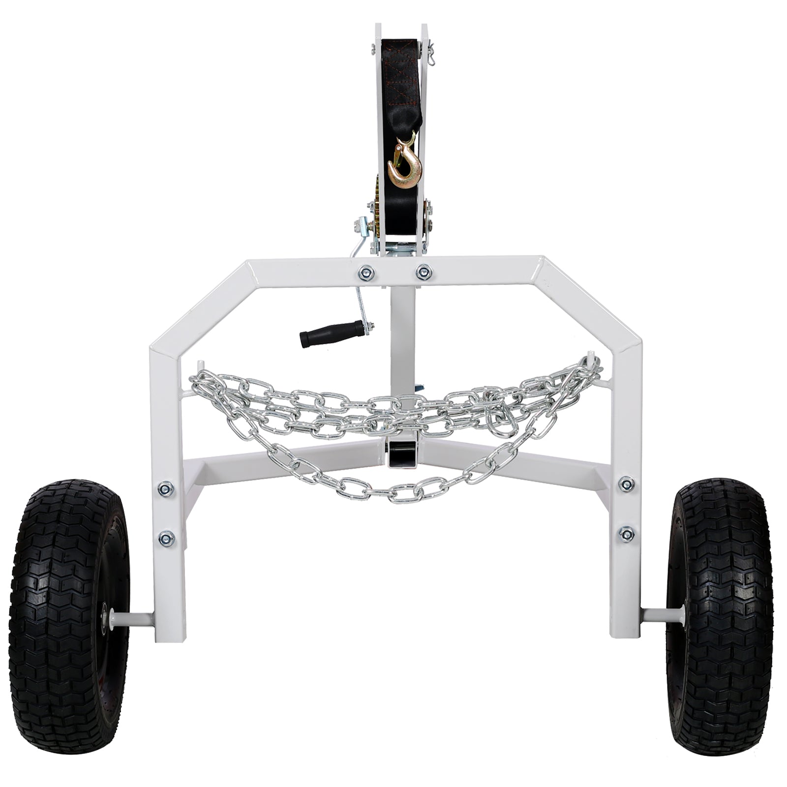 White metal winch trailer with heavyduty chain and rubber tires