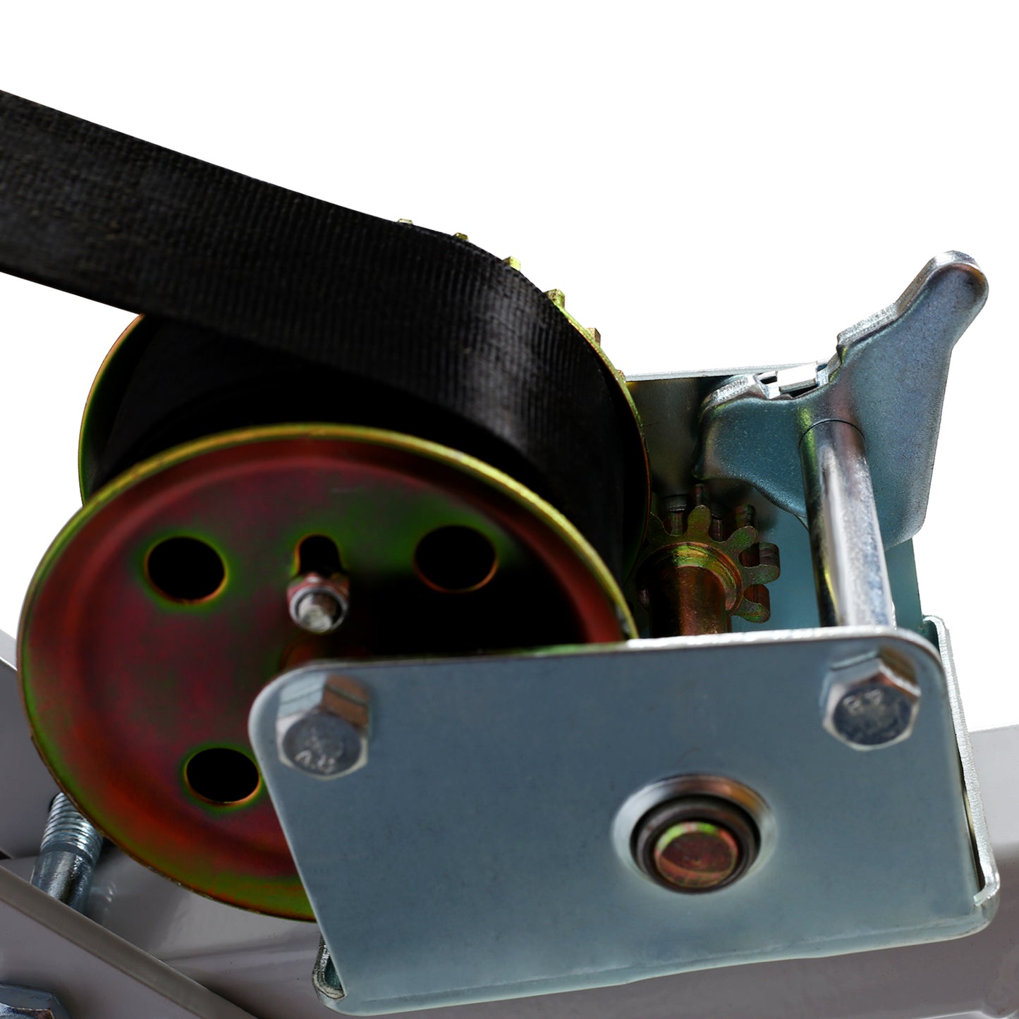 Black strap winch with metal gears and red spool used for securing loads