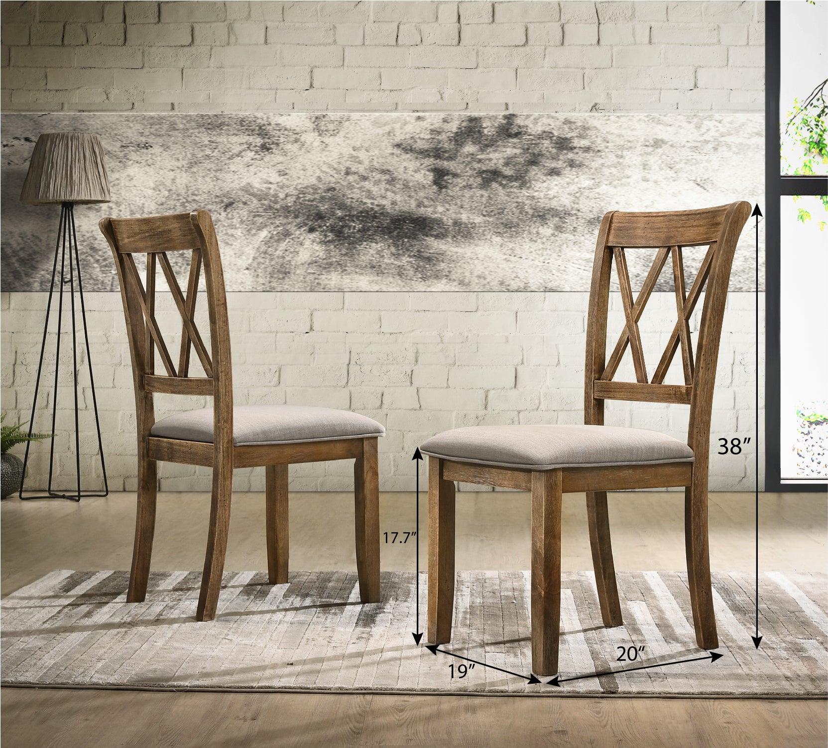 Rustic oak dining chair with grey upholstered seat and Xback design