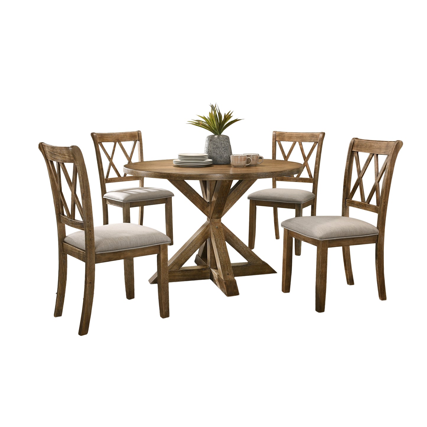 Rustic wood dining set with round table and four chairs