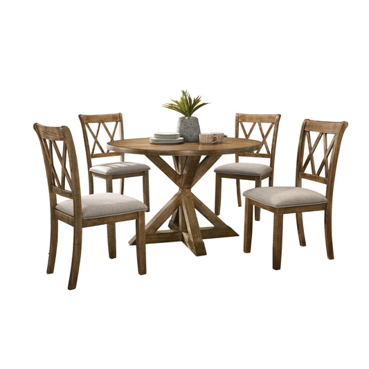 Rustic wood dining set with round table and four chairs