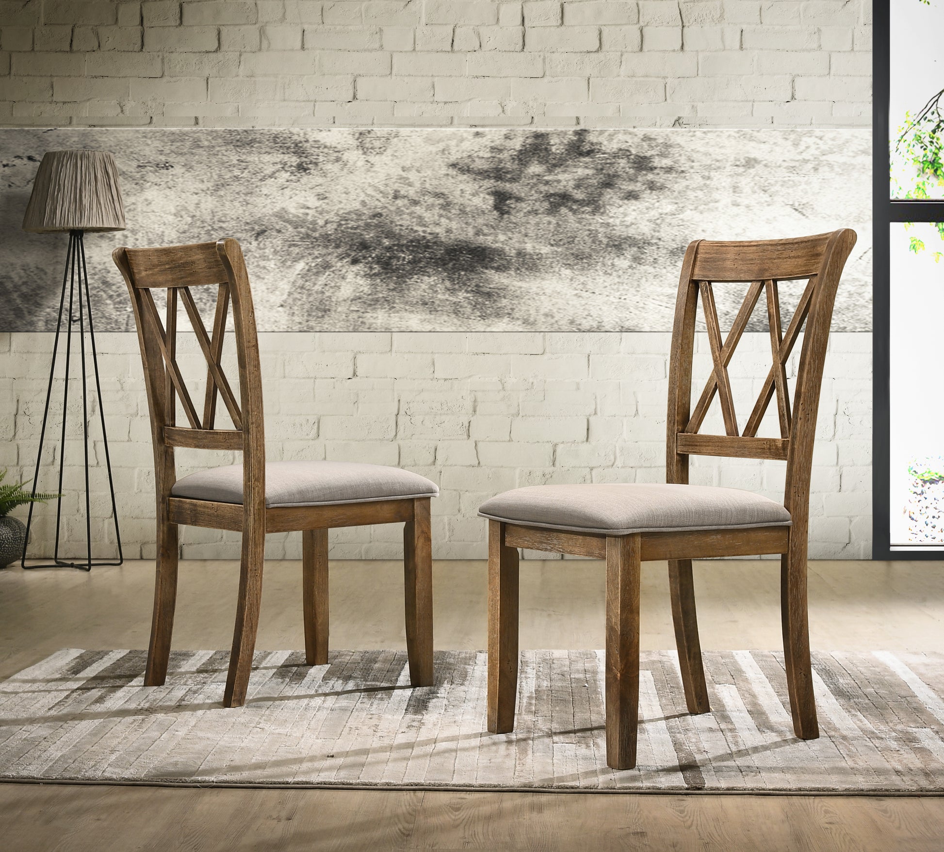 Rustic wooden dining chair with upholstered seat and Xback detail