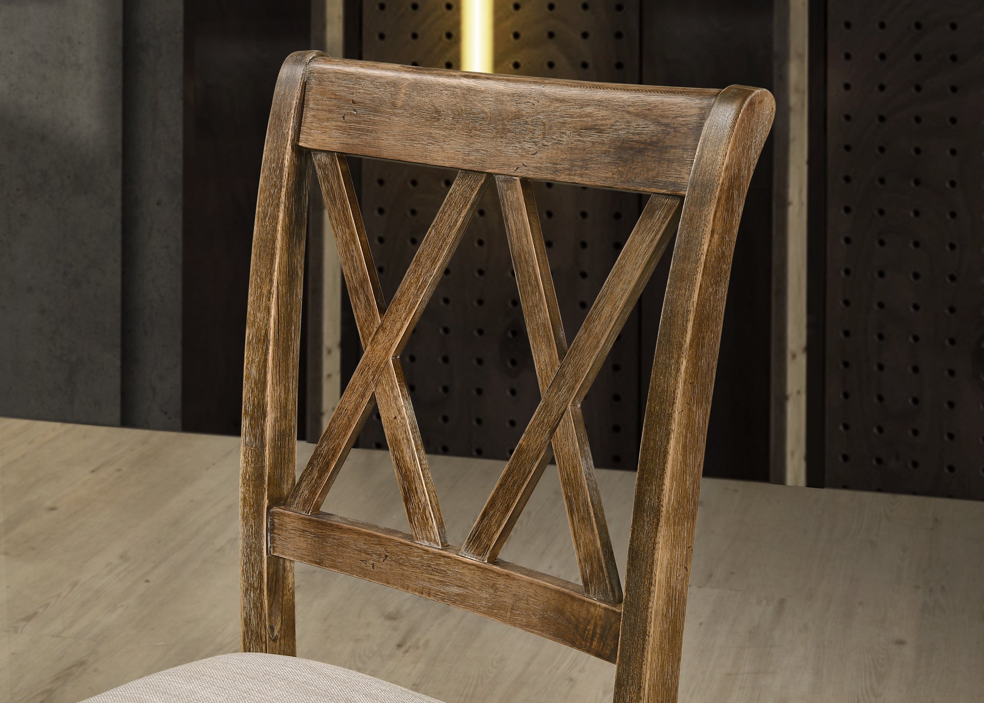 Rustic wooden dining chair with crisscross backrest