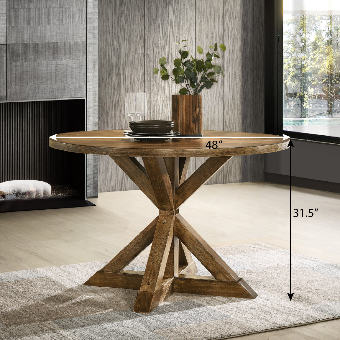Rustic oak round dining table with crossed pedestal base