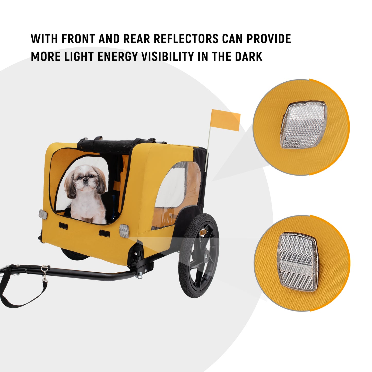 Yellow dog trailer with Shih Tzu featuring front reflectors for visibility