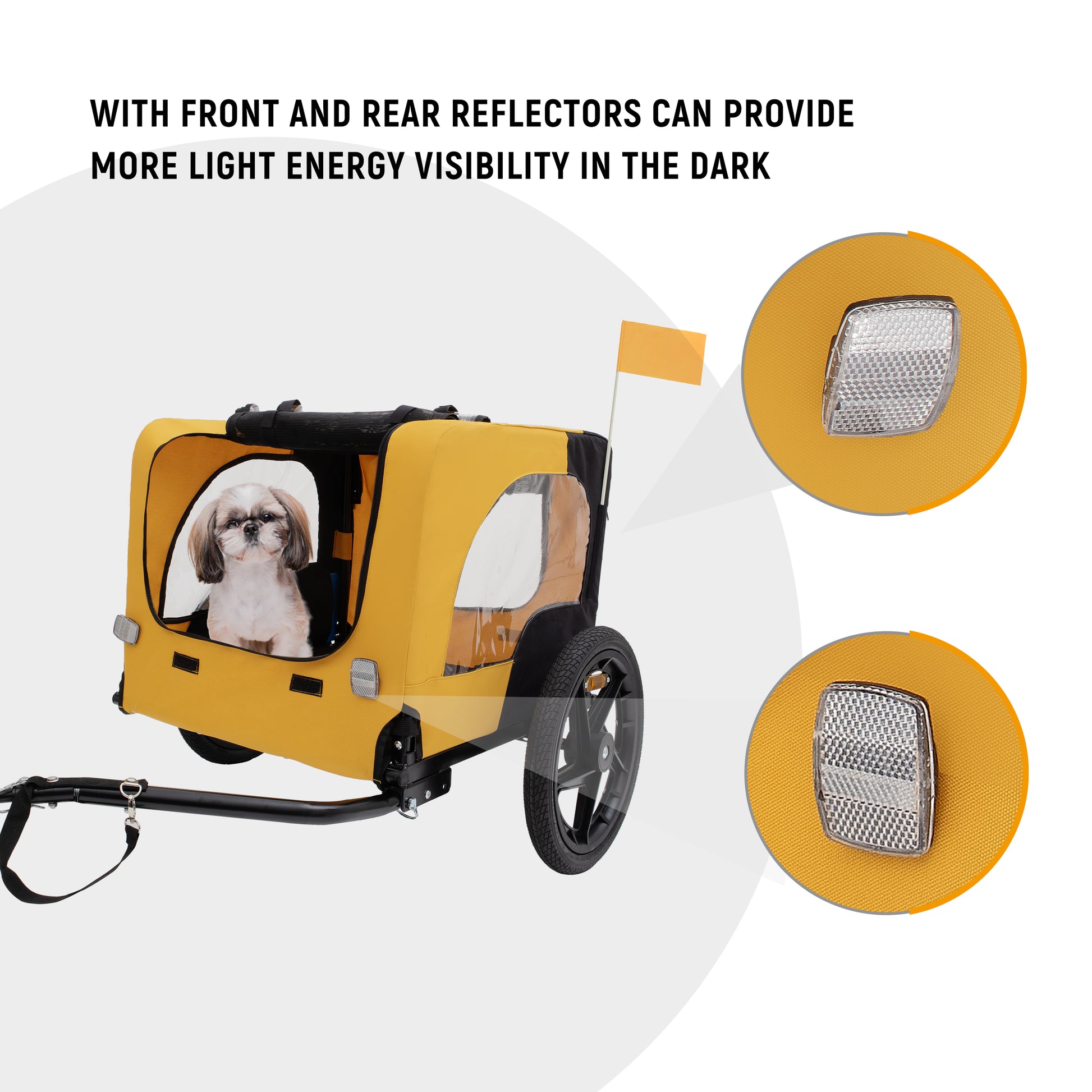 Yellow dog trailer with Shih Tzu featuring front reflectors for visibility