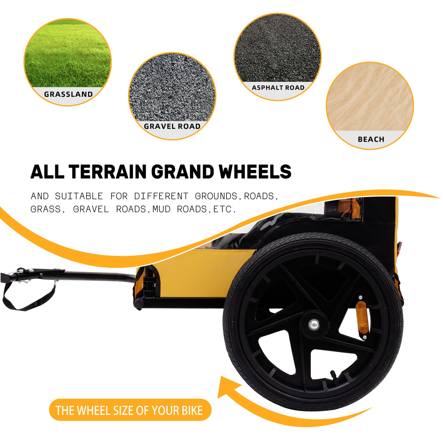 Yellow bike trailer with all terrain grand wheels for diverse surfaces