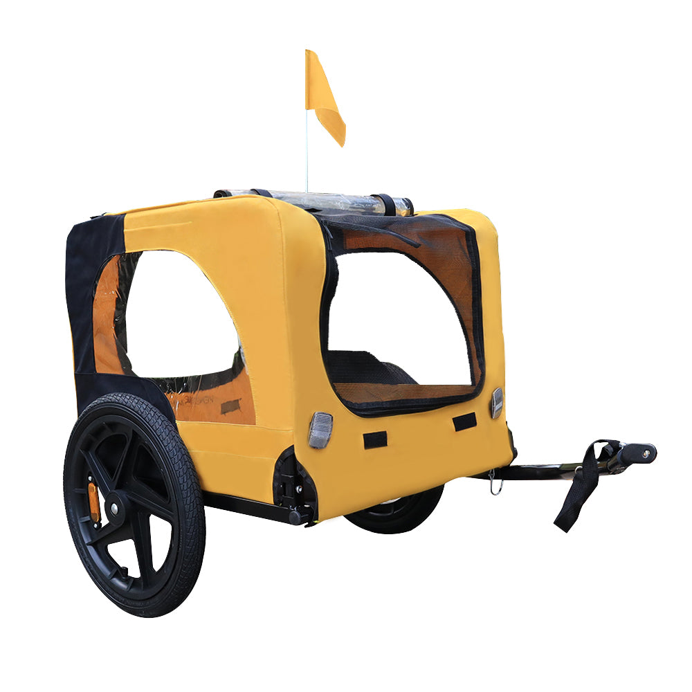 Yellow and black child bike trailer with mesh windows and a safety flag