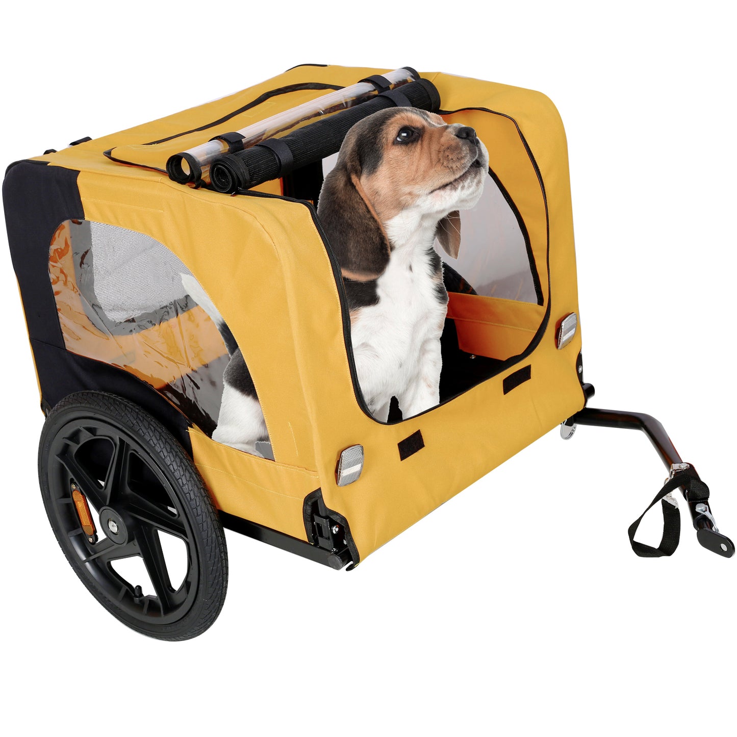 Yellow dog trailer with Beagle puppy inside featuring clear windows and black wheels