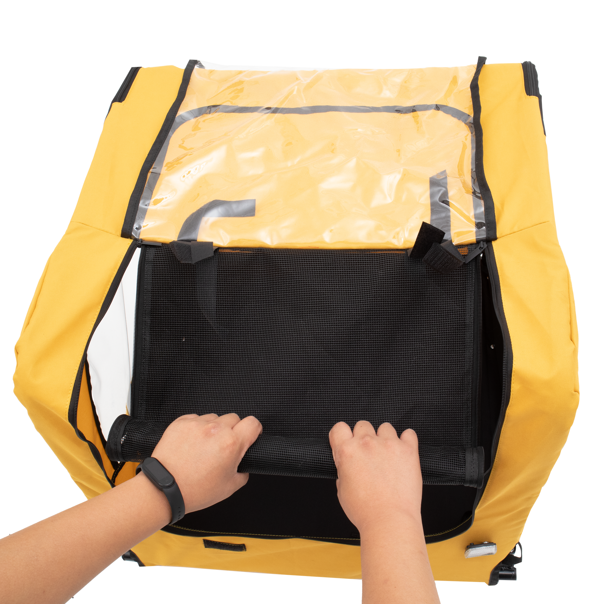 Yellow pet carrier with mesh ventilation and clear top window for visibility