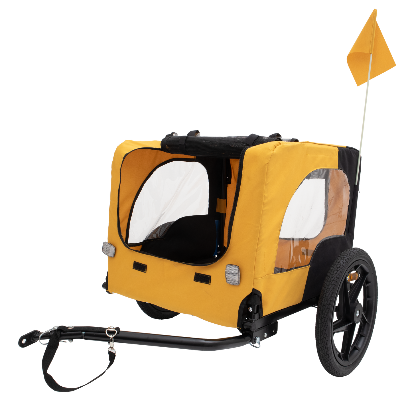 Yellow stroller trailer with black accents and safety flag perfect for transporting children