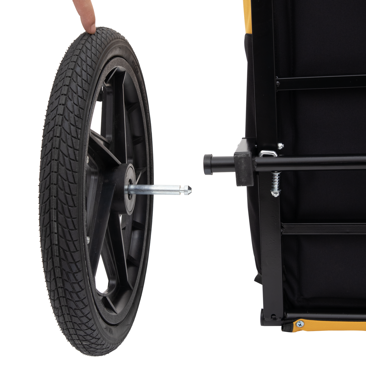 Black pneumatic tire with deep tread pattern shown attached to a black wheel rim