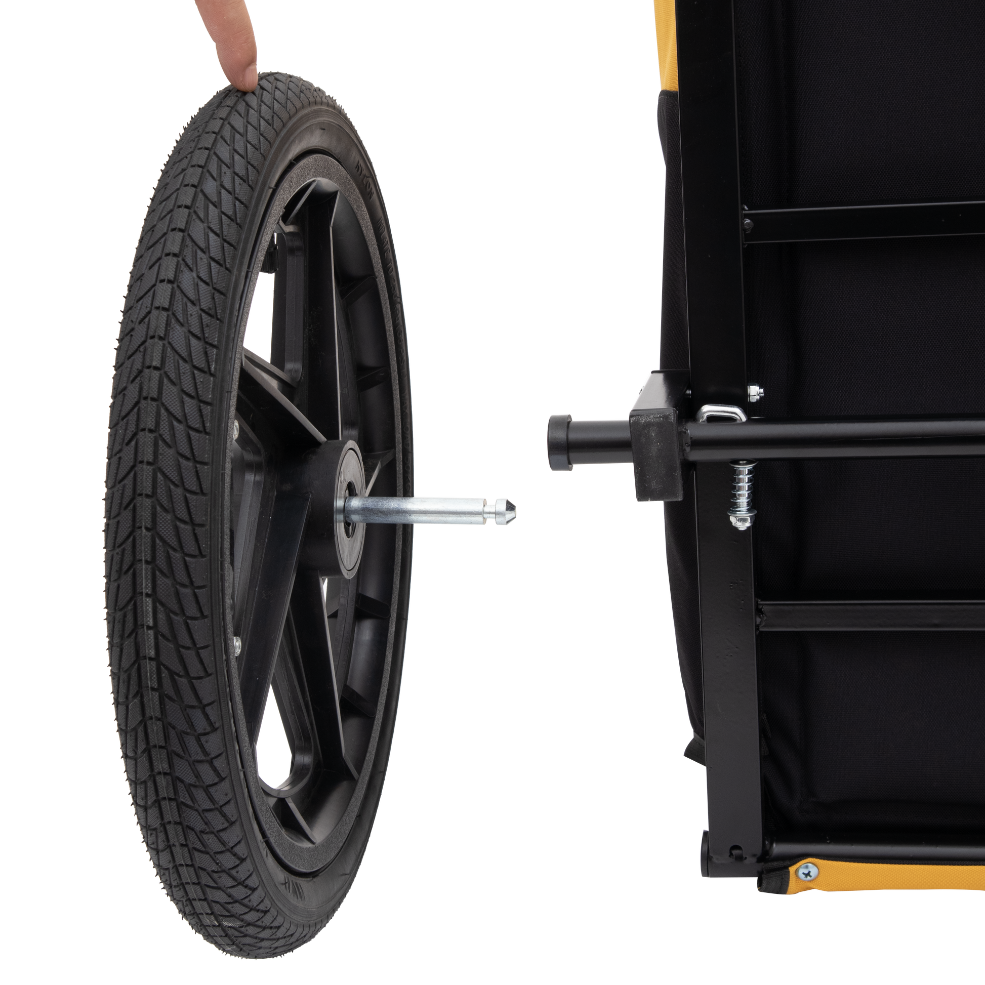 Black pneumatic tire with deep tread pattern shown attached to a black wheel rim