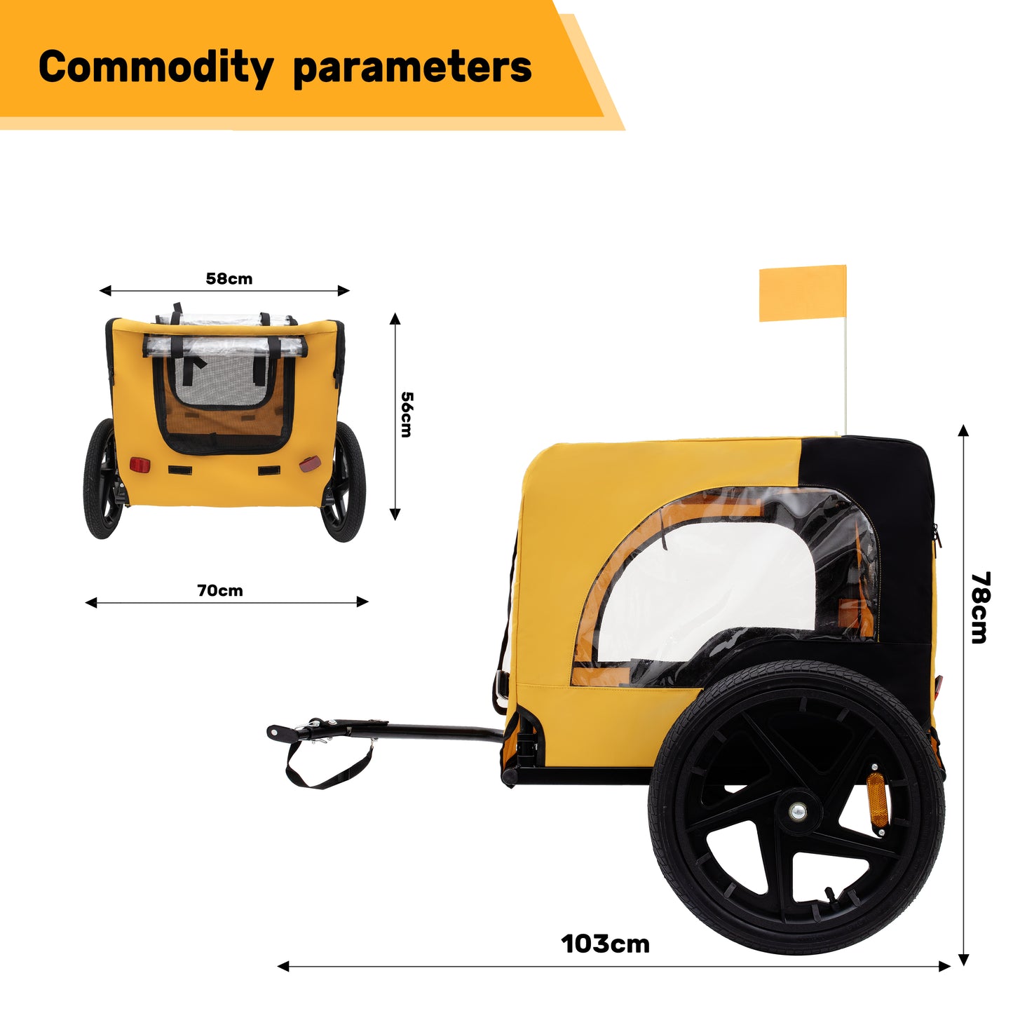 Yellow bicycle trailer for pets compact design dimensions xxcm shown