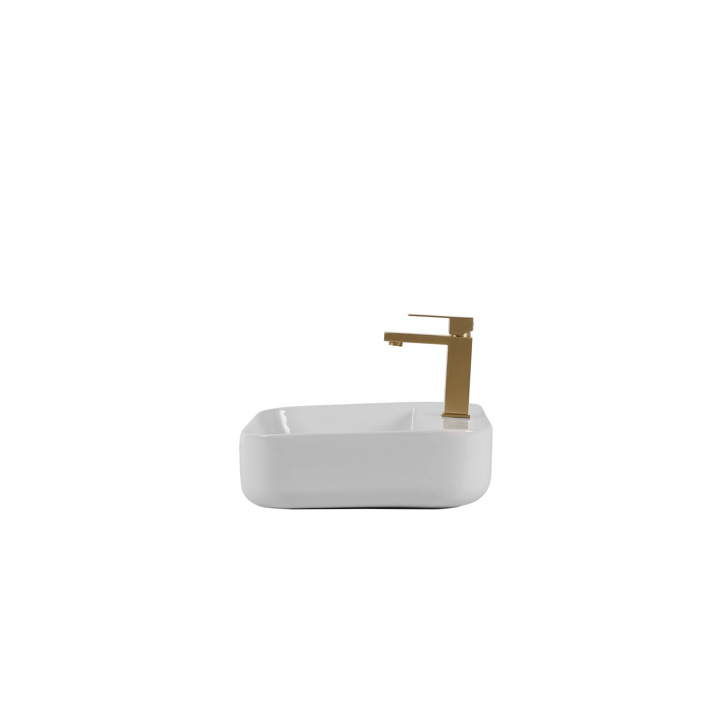 White ceramic vessel sink with modern gold faucet for bathroom remodel