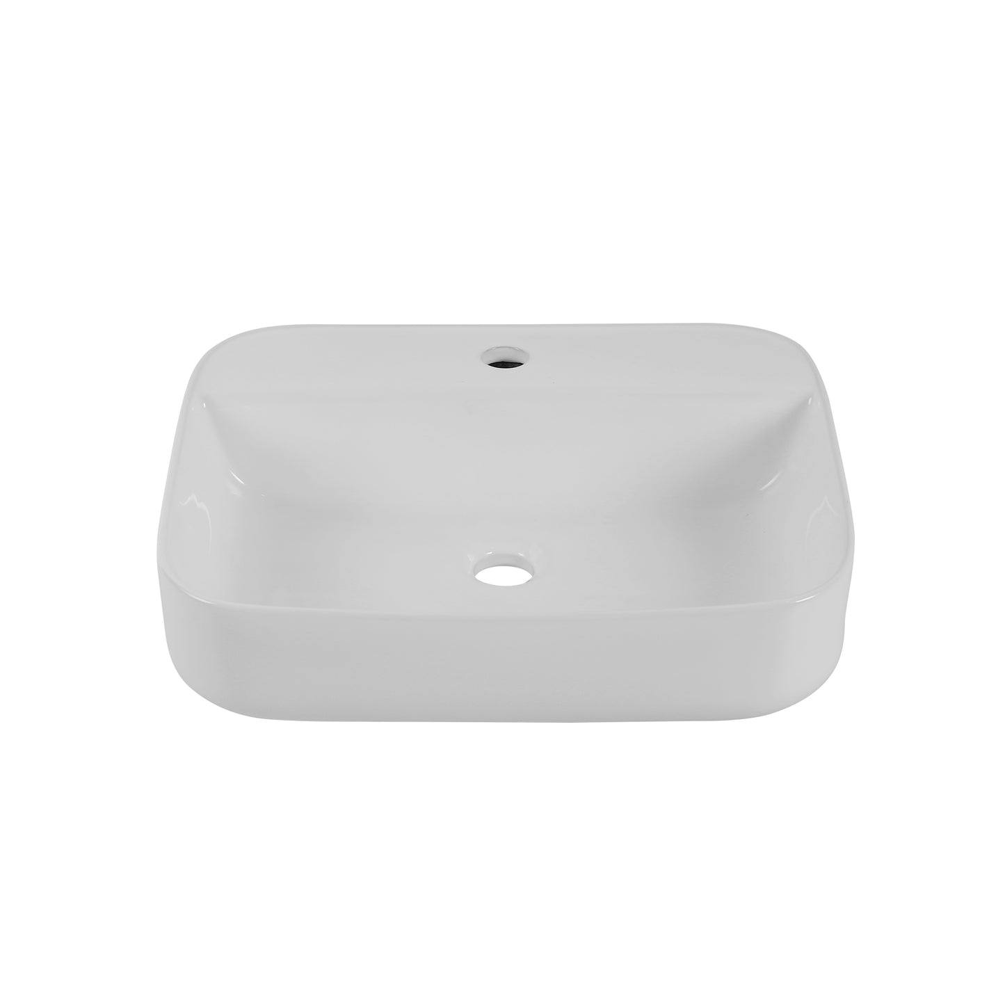 White rectangular ceramic vessel sink with rounded edges and dual faucet holes