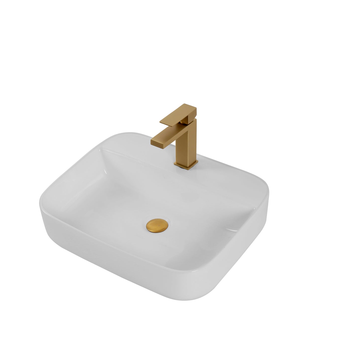 White ceramic vessel sink with brushed gold faucet and drain