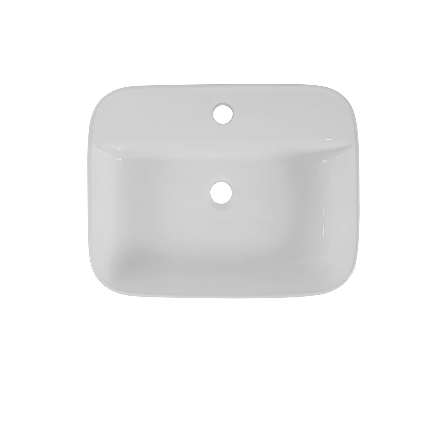 Rectangular white ceramic vessel sink with smooth rounded edges and two predrilled holes