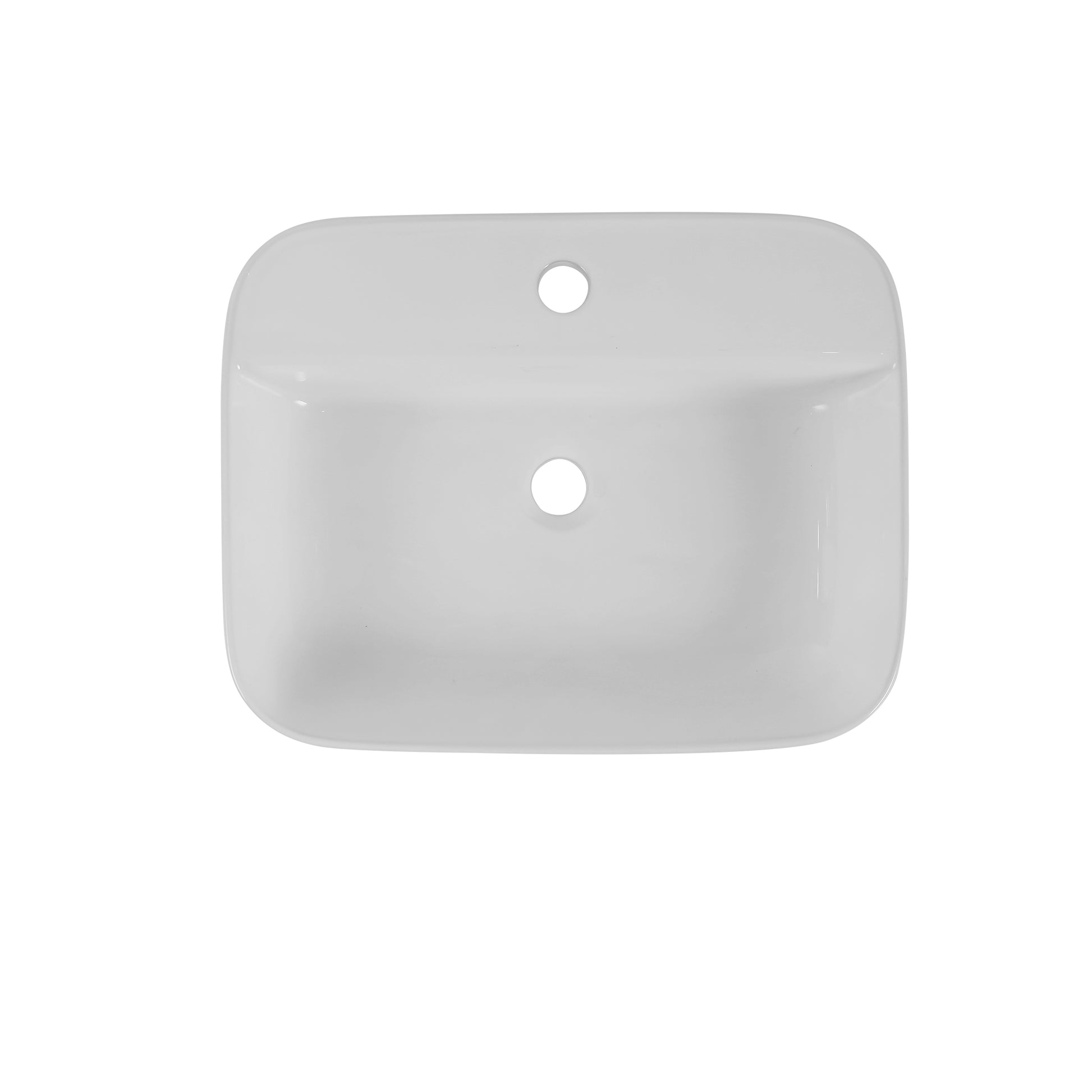Rectangular white ceramic vessel sink with smooth rounded edges and two predrilled holes