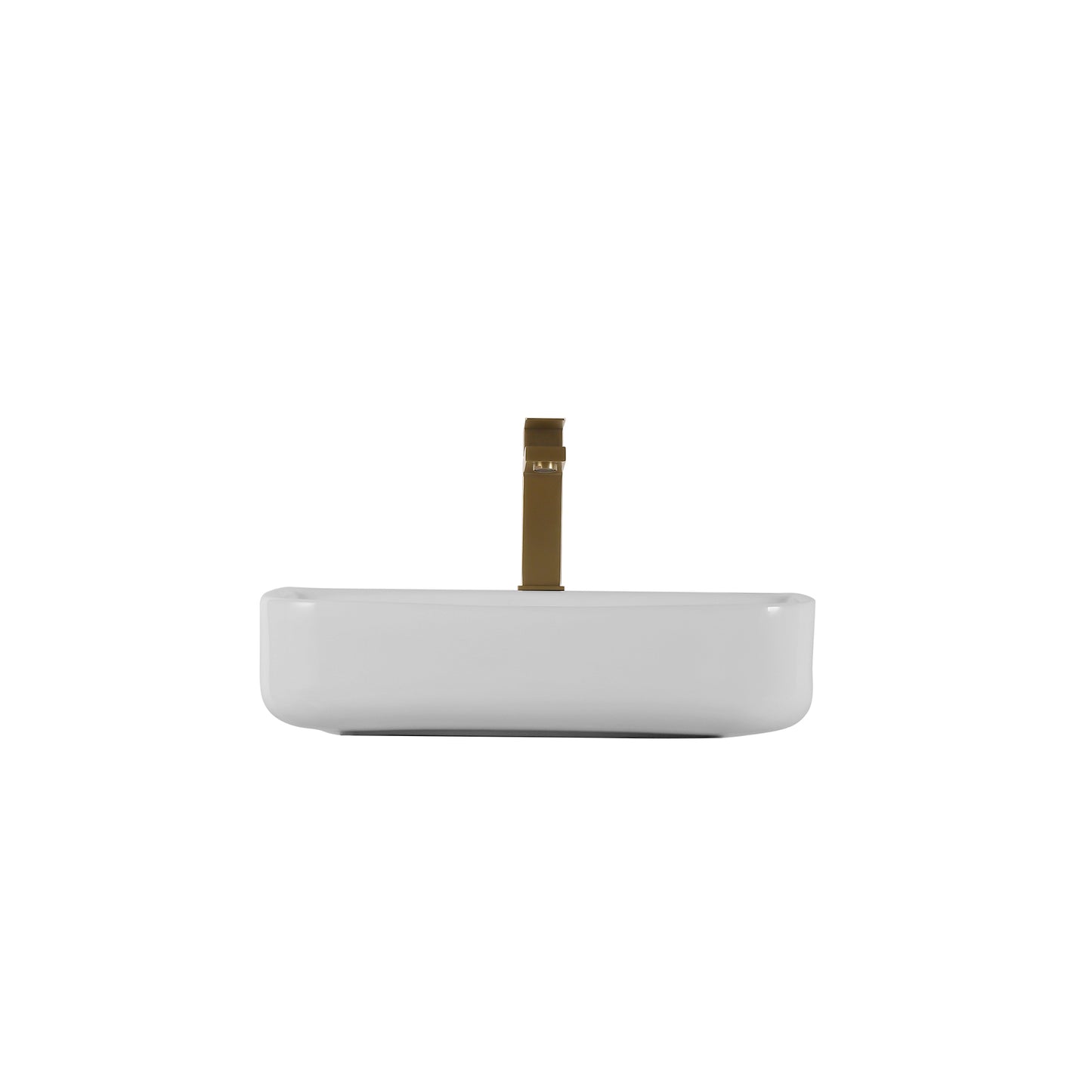 Modern rectangular white ceramic vessel sink with a brass faucet for bathroom countertop