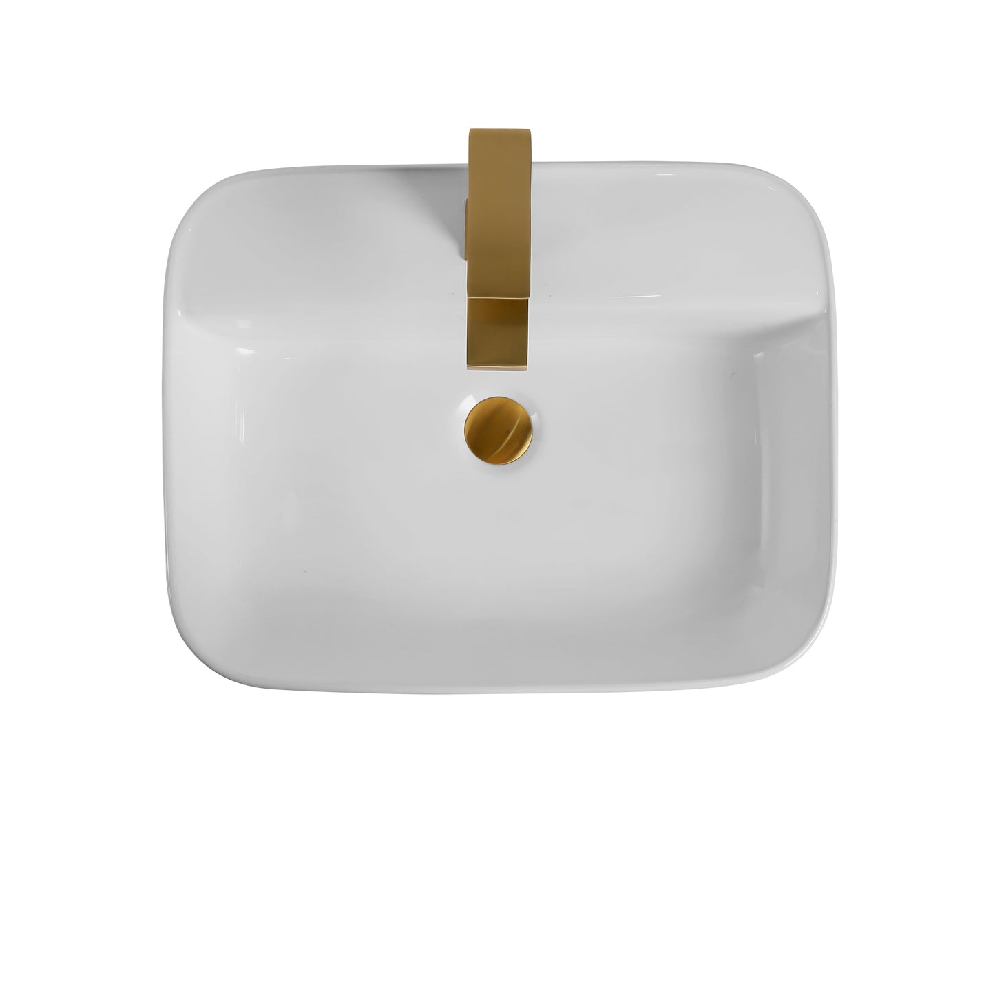 Modern rectangular white ceramic vessel sink with a sleek brushed gold faucet and drain