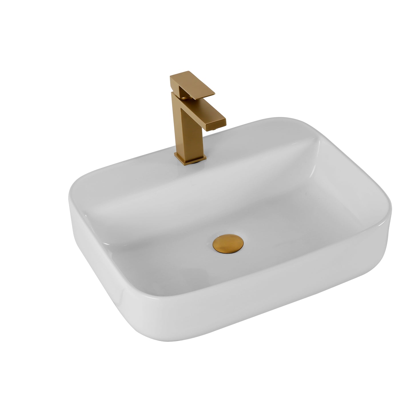 White ceramic rectangular vessel sink with matte gold faucet and drain