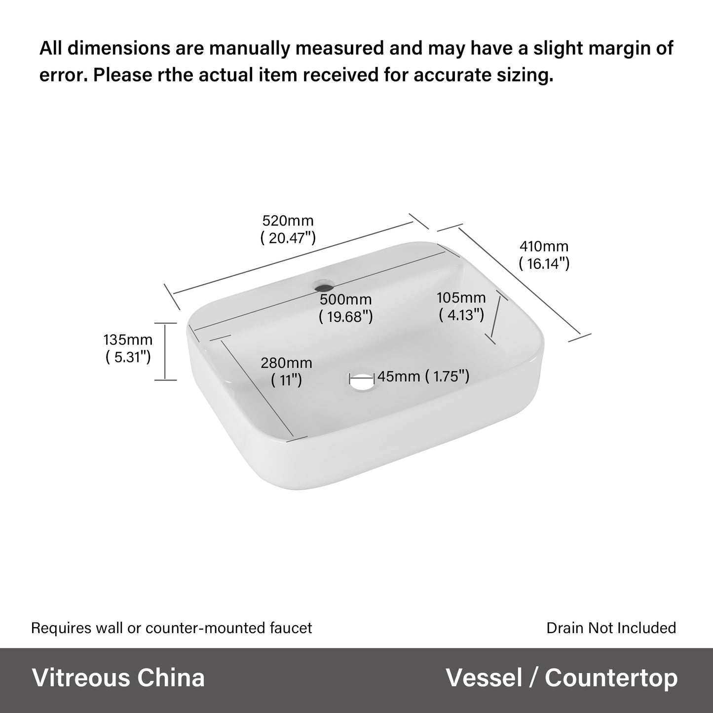 White vitreous china vessel sink mm x mm x mm with countermounted faucet use