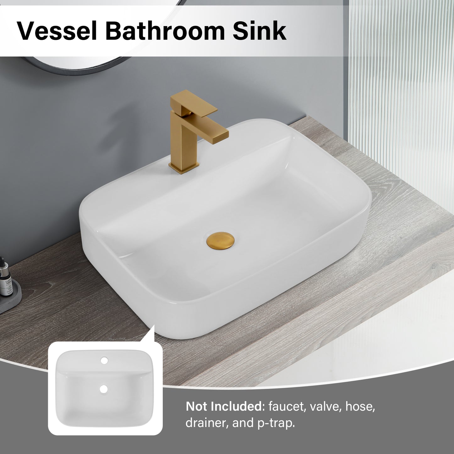 Rectangular white ceramic vessel bathroom sink with brushed gold drain and matte gold faucet